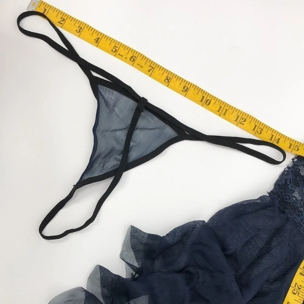 3/$25 Handkerchief Style Babydoll Chemise with Thong Dark Blue and Black Size M